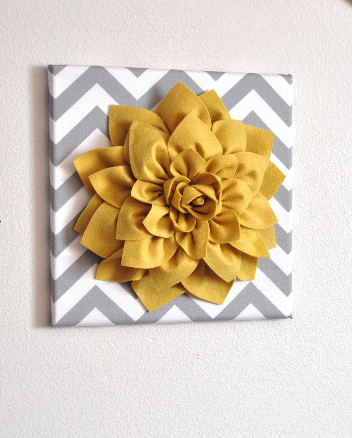 Wall Flower -Mellow Yellow Dahlia on Gray and White Chevron 12 x12" Canvas Wall Art- 3D Felt Flower