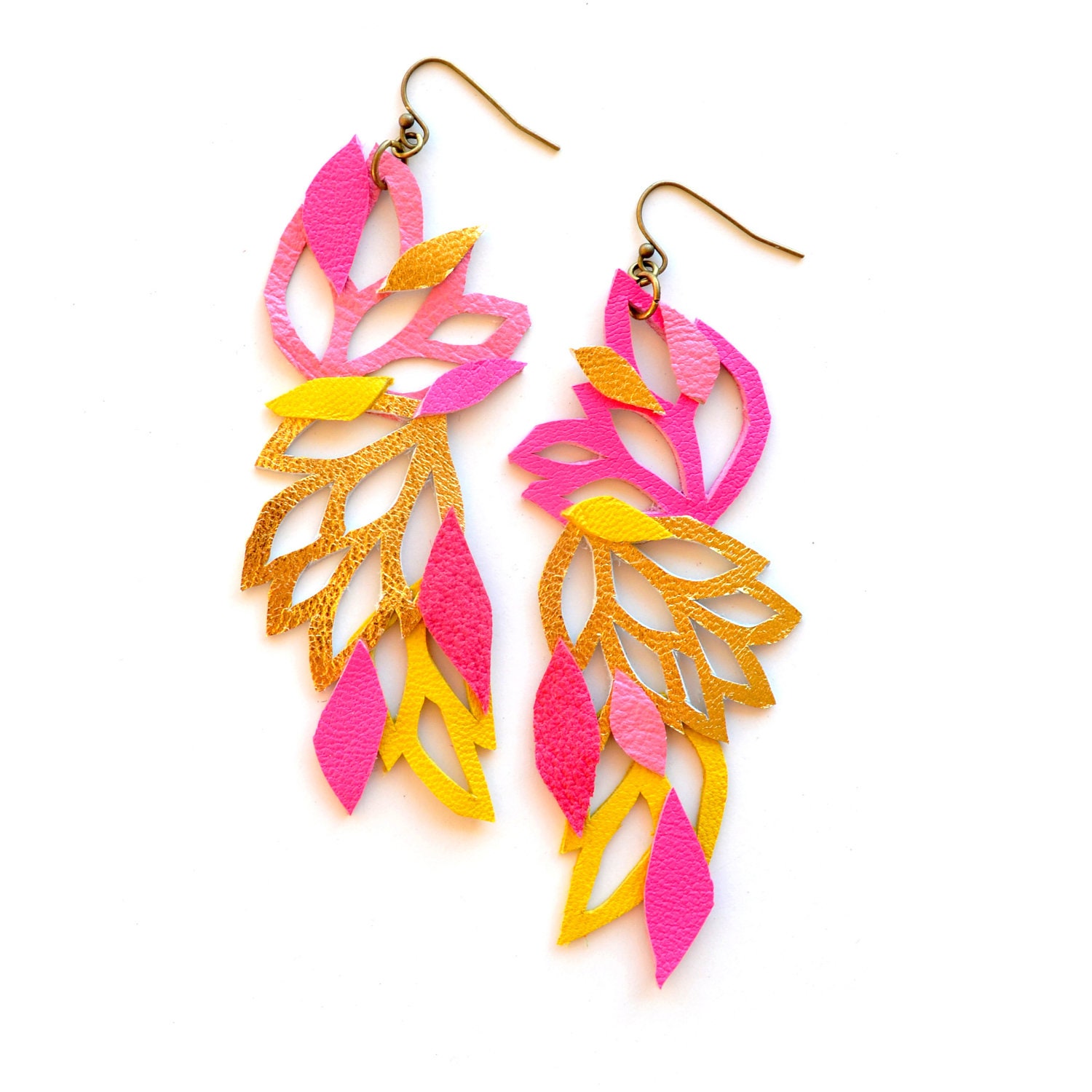Neon Leather Earrings Color Block Lace Floral and Leaves - Statement Earrings - BooandBooFactory