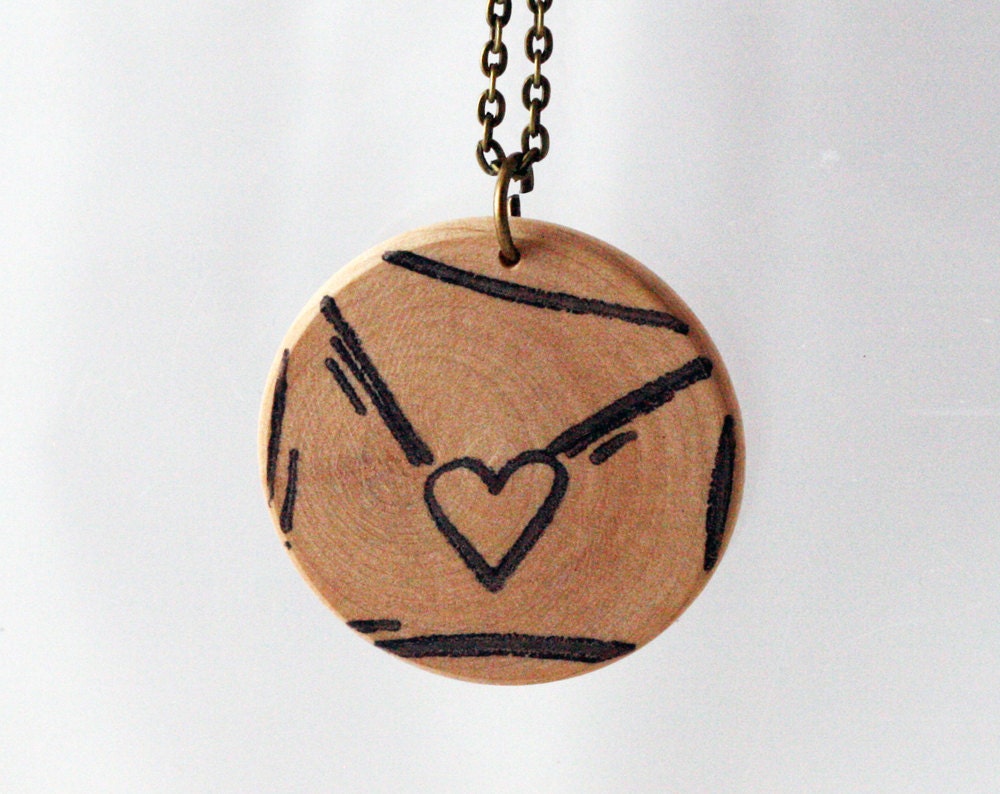 Love heart envelope print hand stamped wooden necklace
