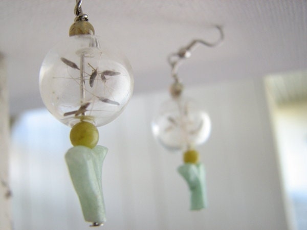 Glass Bead Earrings Dangle Dandelion Fluff Aventurine Birds - Spring Flight