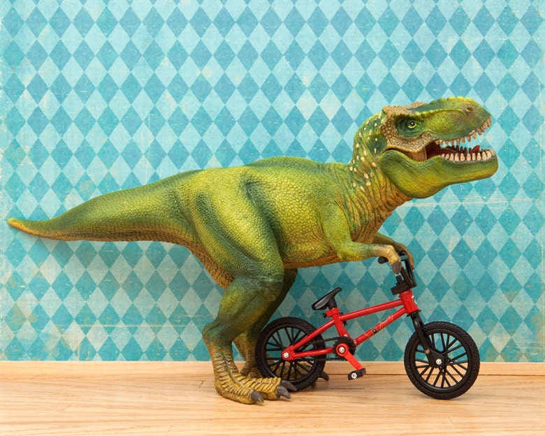 t. rex dinosaur and bmx diorama, boys room decor, blue and green - Trail Shredder