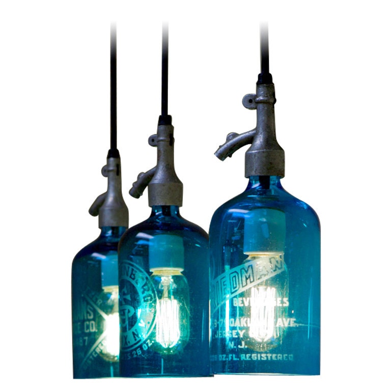 Etched Glass Seltzer Water Bottle Pendant Lights, Clear Or Blue. Price is for one light