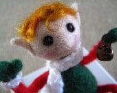 Santa's Elf Doll with Curly Hair, Bendable Posable Figurine Christmas Ornament, Needle Felted Green and Red Wool, Holiday Decor for Charity