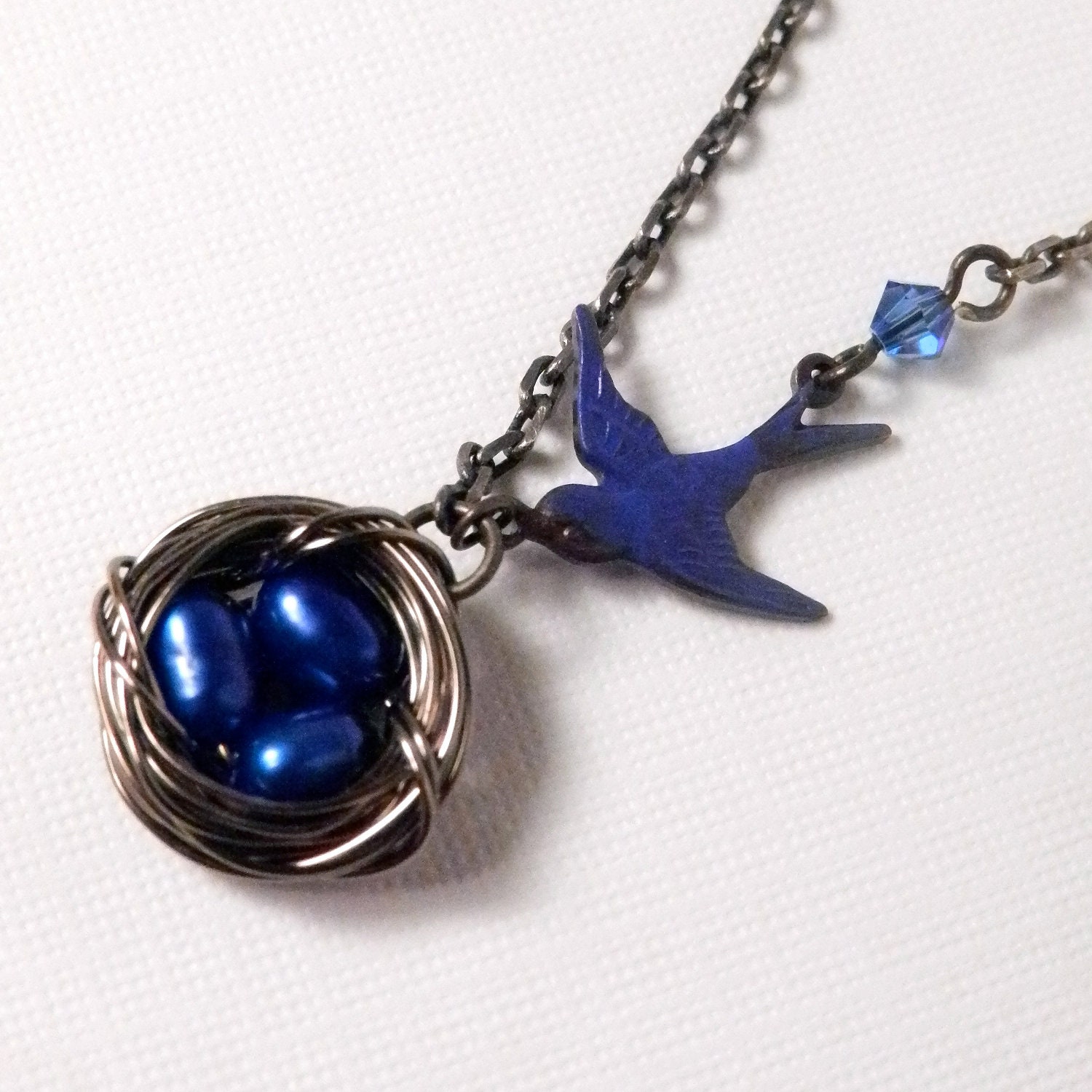 Birds Nest Necklace - Sapphire Blue - Freshwater Pearl - Antique Brass