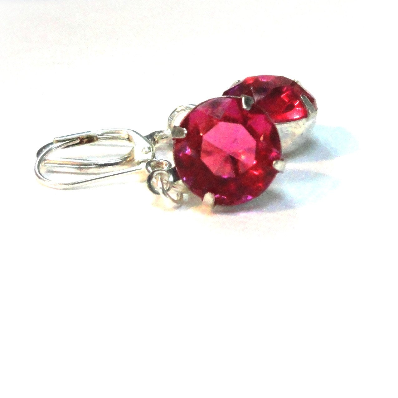 Fuchsia Pink Earrings Rhinestone Deep Pink Crystal Earrings Silver Earrings Magenta Raspberry Pink Earrings
