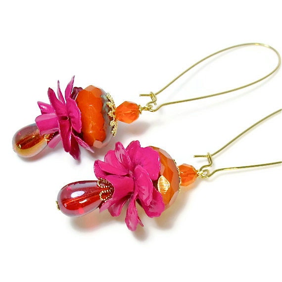 Exotic Flower Earrings in Hot Pink, Orange, Red