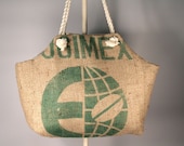 Recycled Burlap Coffee Sack Market Tote - Green Coffee Bean Print