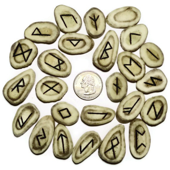 Natural TwoToned Bone Rune Set Elder Futhark (Hand Carved) With Manual & Pouch
