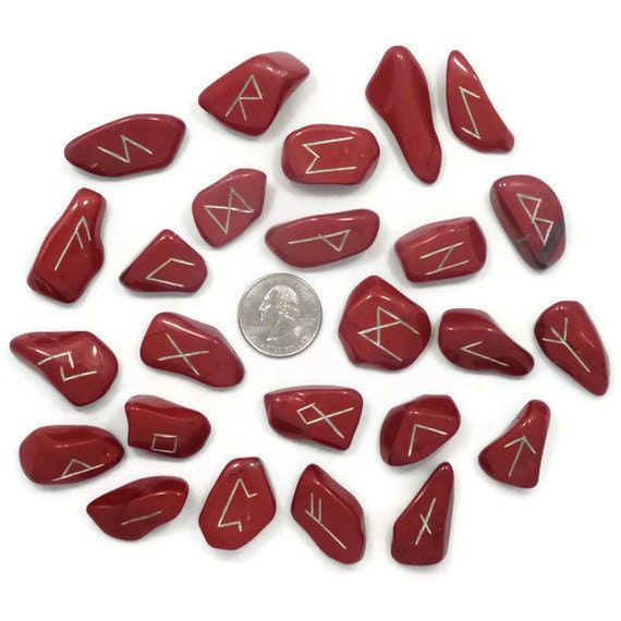 Big Red Jasper Rune Set Hand Carved Elder Futhark With Manual & Pouch