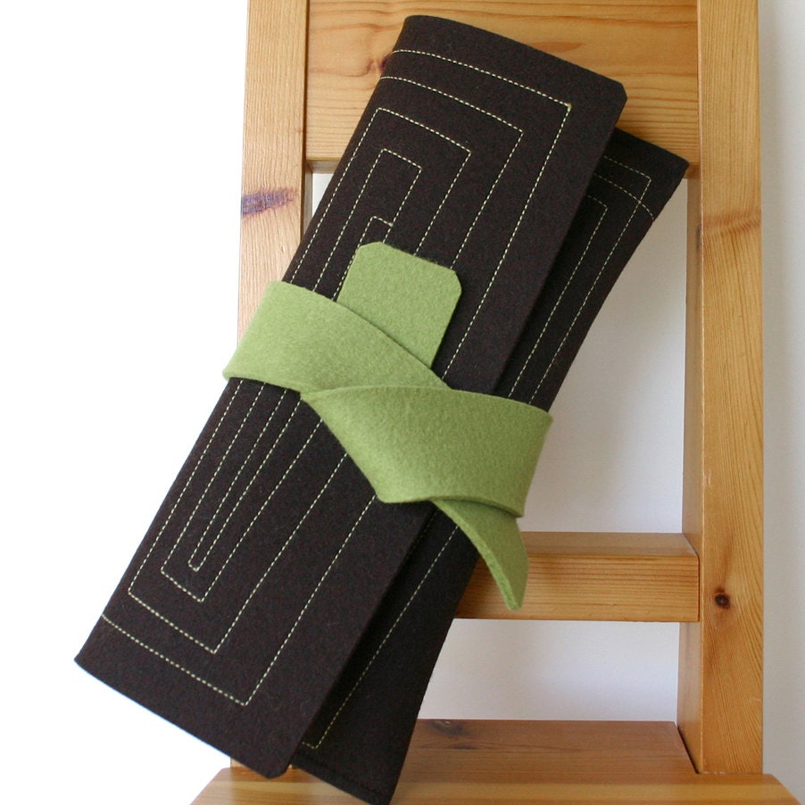Chocolate Brown Felt Envelope Clutch with Green Tie