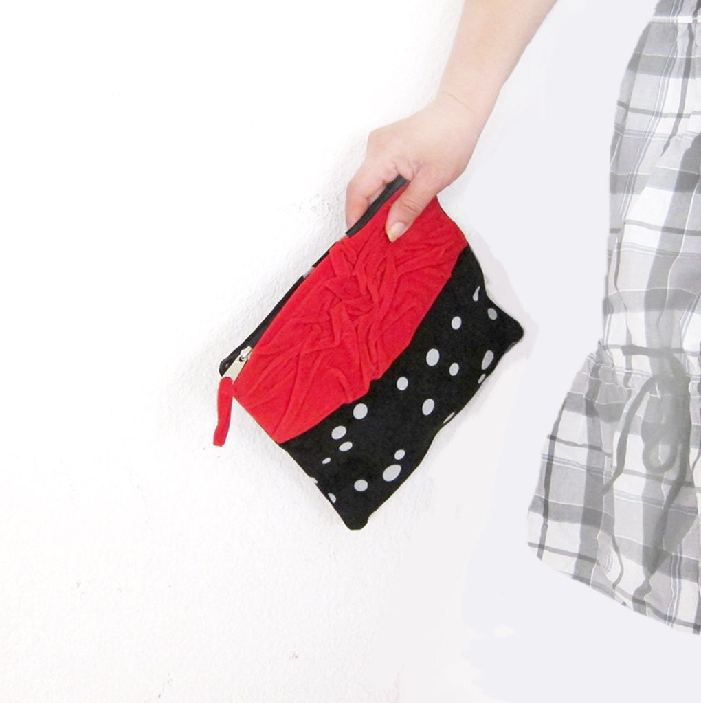 Fold Over Clutch - Black and Scarlet Vegan  Suede Over Clutch with Gray Dotty  READY To Ship