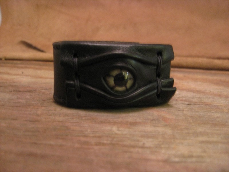 Grichels leather wrist cuff/bracelet - black with green star eye