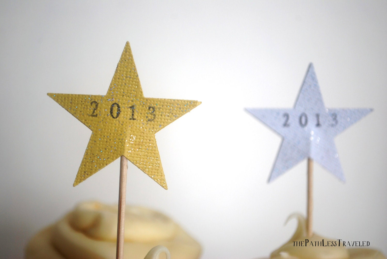 Gold and Silver Sparkle Star Cupcake toppers, hand stamped 2013 stars