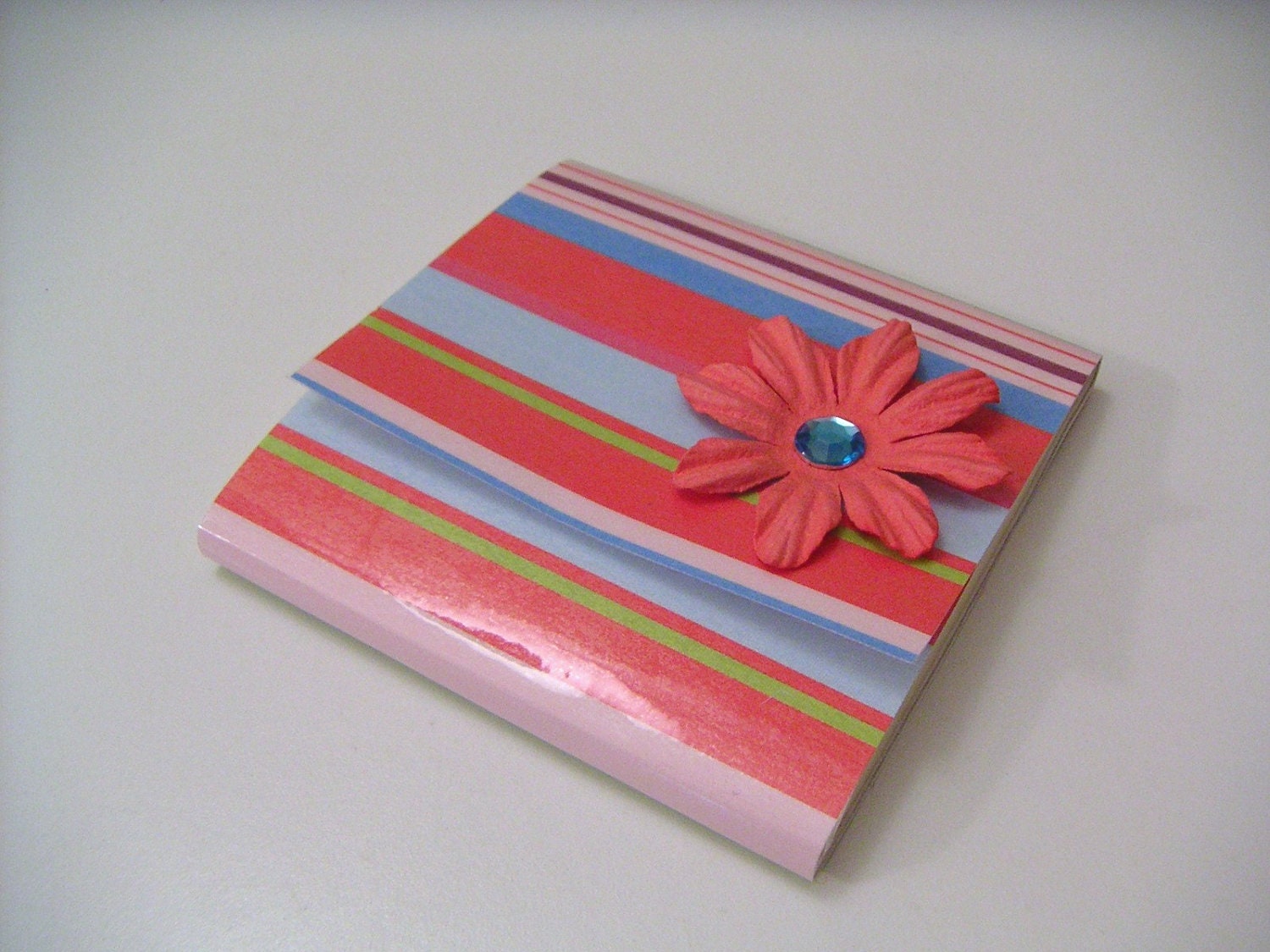 Red Striped Sticky Notes Pad with Red Paper Flower