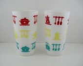 Vintage Hazel Atlas Glass Tumbler Cup Milk Drinking Water Dutch Treat Pattern Mod Retro Kitchen ware 1950s 50s set red artist home office