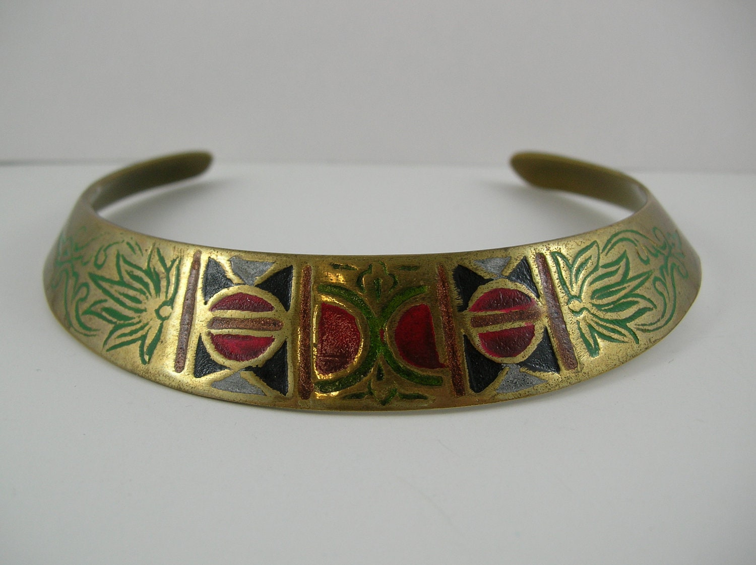 Vintage Gold Collar Necklace Choker 1980s 80s Egyptian Revival Cleopatra Bib Tibet Brass Modernist Boho Chunky Thick statement piece