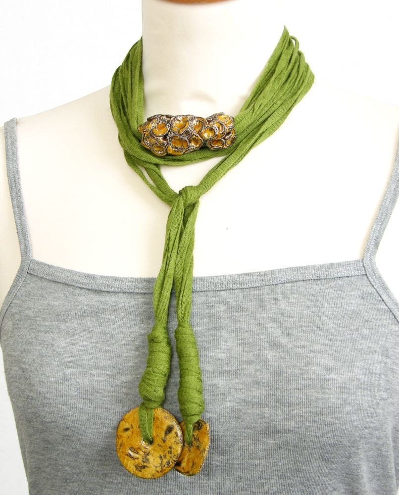 Skinny scarf lariat fiber necklace scarf necklace cotton ceramic long green brown vegan ooak ceramic beads curationnation therougett
