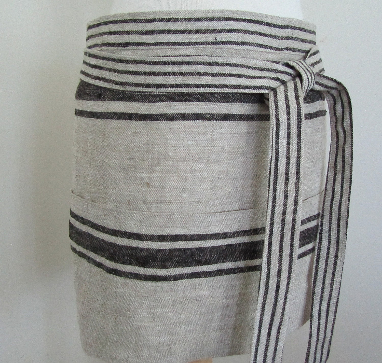 Half Apron Lithuanian Linen Black Striped Flax Natural Custom