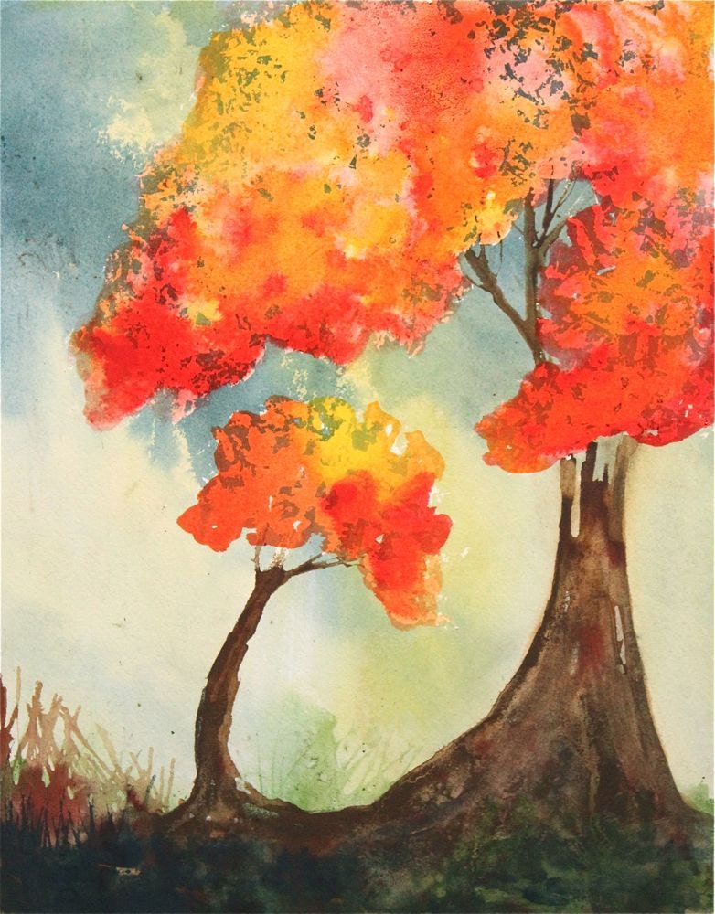 Autumn trees, watercolor painting, story book style red yellow fall leaves, trees, nursery art original watercolor painting