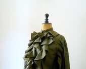 Vintage 1980s olive green mandarin collar jabot blouse