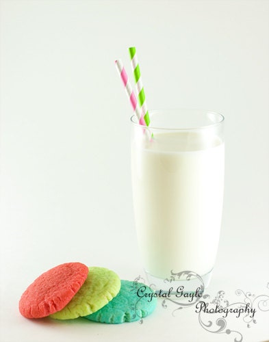 Kitchen Wall Decor Art Photography Print Milk and Cookies Red Green Blue Lime Aqua Turquoise 5x7
