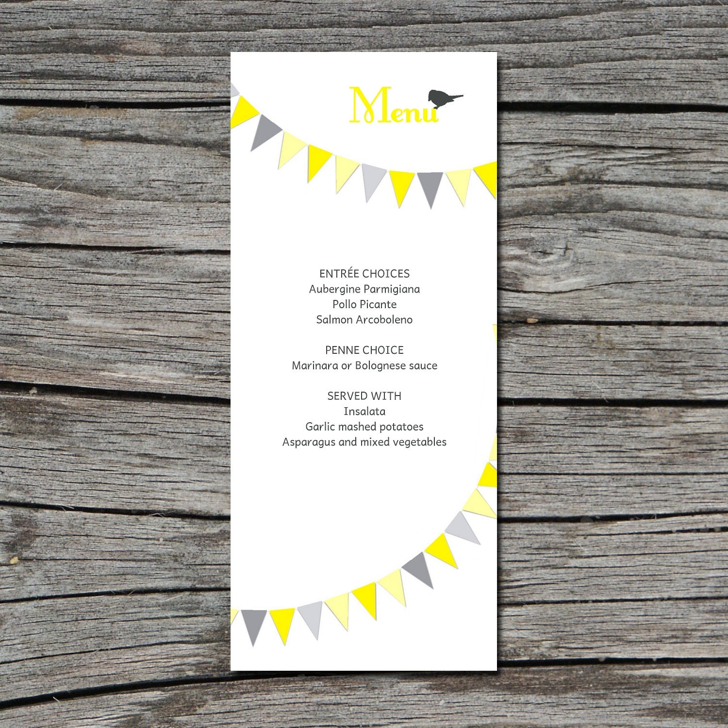 Wedding Menu, DIY, Flag Bunting, Birds, Printable, Digital File by ticklemeink on Etsy