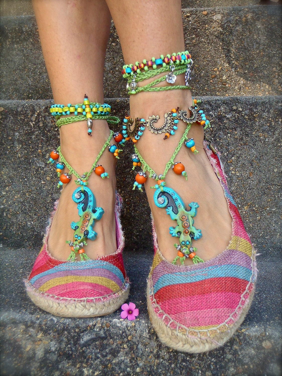 GECKO BAREFOOT SANDALS lizard jewelry gecko jewelry Crochet sandals Anklets animal totem