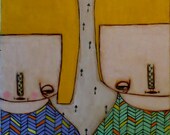 Original painting The Blondies beeswax Mixed MEdia art Wood Burned Painting