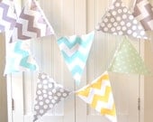 9 Feet Banner, 21 Flag Bunting, Mint Green Polka Dot, Aqua Blue, Grey, Yellow Chevron, Boy Baby Shower, Birthday Garland, Photo Prop
