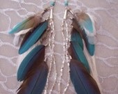 Feather Earrings - Blue and White Feathers of Parrots and roosters on Long Chains with Strands of Beads, Pearls and Crystals