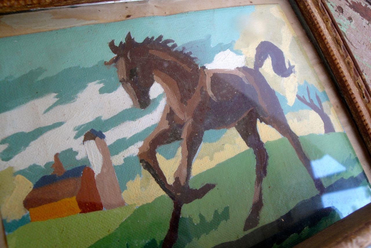 Vintage Horse Painting Paint by Number Equestrian Pair Framed