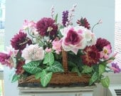 Silk Floral Arrangement Roses Peonies Mums Hydrangeas Centerpiece Wicker Basket Home Decor Living Dining Room Table Fireplace Lovely Gift