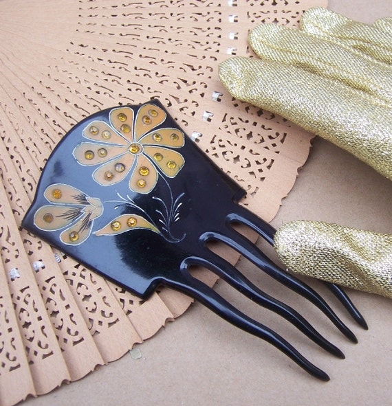 Vintage hair comb Victorian Spanish style blue rhinestone hair accessory