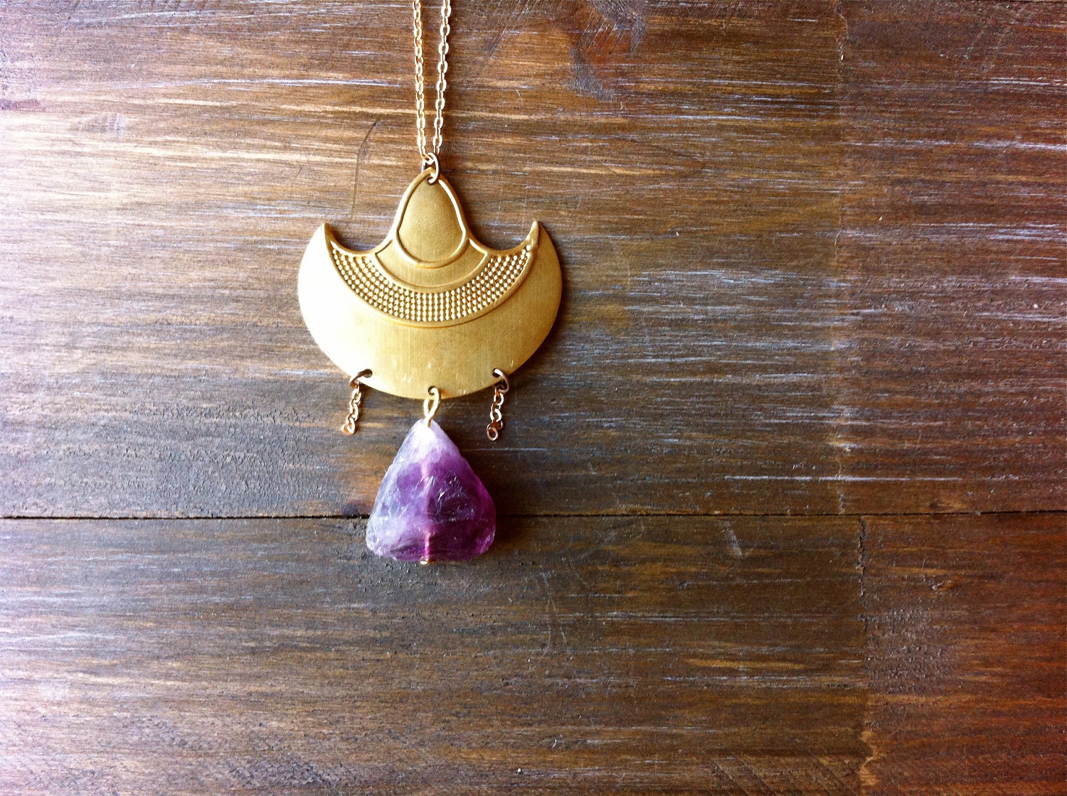 Amethyst Tribal Brass Pendant / Boho Mineral Nugget Necklace / Spring Fashion