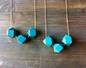 Midnight Teal Geometric Wood Necklace / Modern Blue Minimalist Jewelry / Rustic Boho Style - FableAndLore