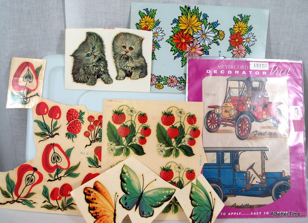 Vintage 1950s decals kittens fruit flowers cars butterfly