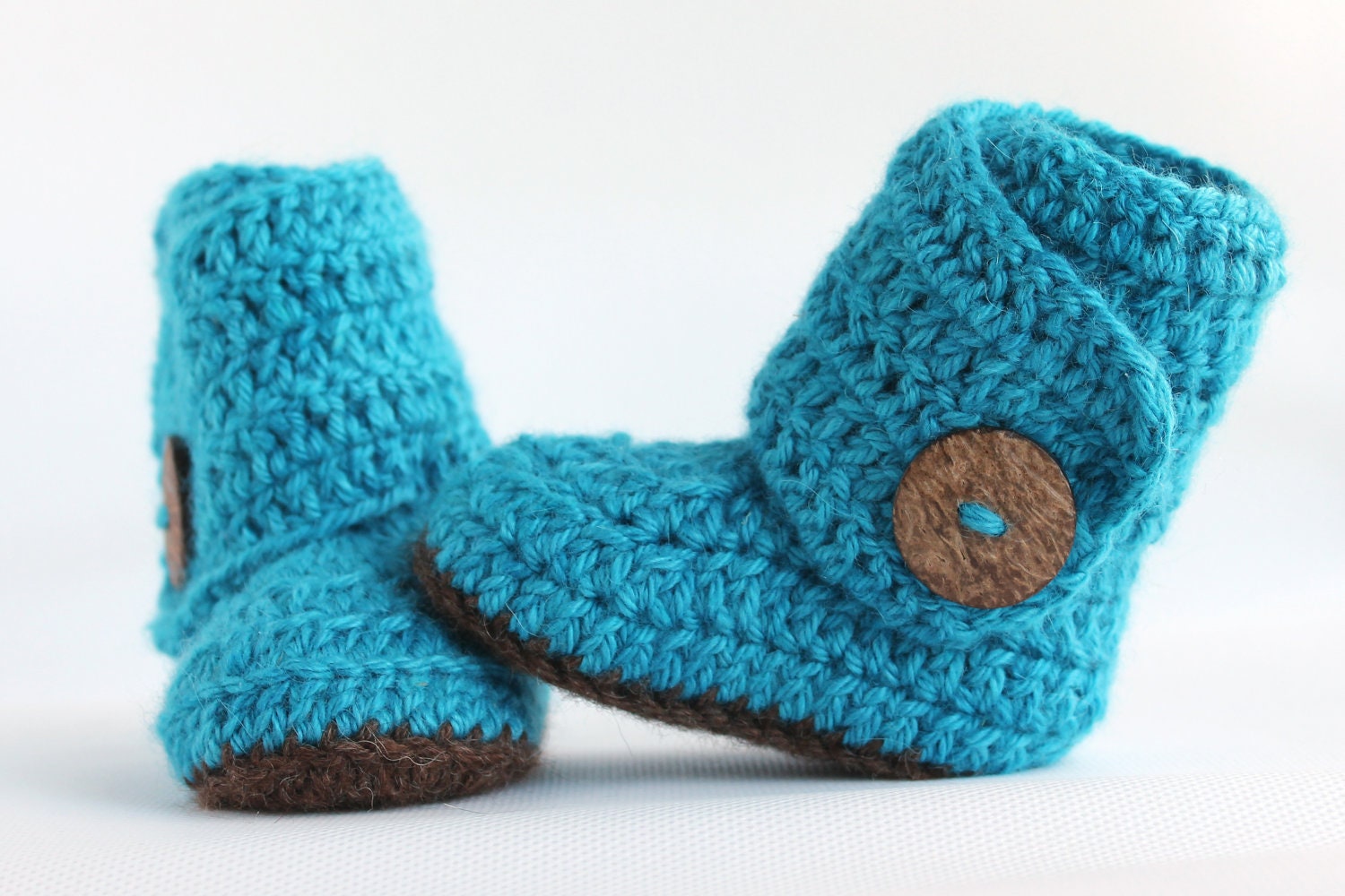 Blue-Teal Crochet Wrap Boots With Brown Sole - Choose Your Size