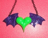 Bat Wing Heart Necklace - Neon Lime Green & Holographic Purple Glitter Resin Pendant