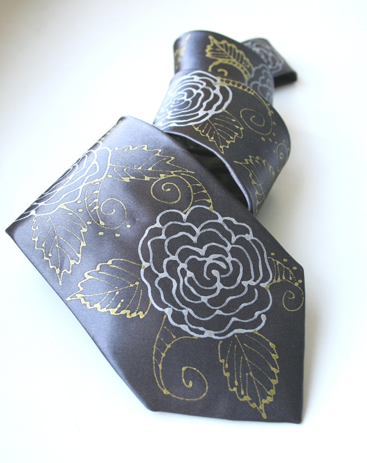 Grey Tie. Hand Painted Silk Necktie. Grey, White, Gold.