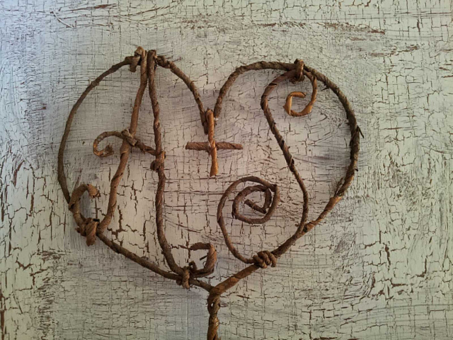 Monogram Wedding Cake Topper - Rustic Natural Heart Autumn Winter Wedding Initials Personalized