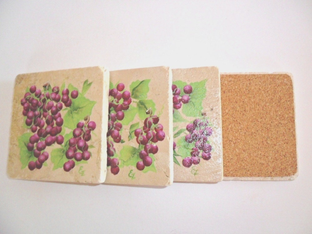 Coasters Shabby Chic Grapes Tumbled Stone Tiles Set of 4