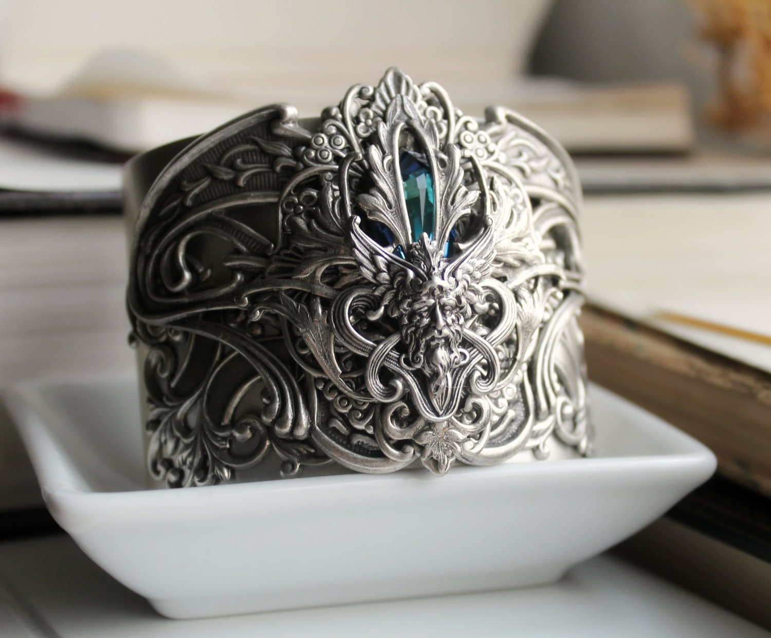 Water Elemental Aged Silver and Swarovski Cuff - Fantasy - Silver - Blue - Water - Winter - Christmas - Wedding - Bridal