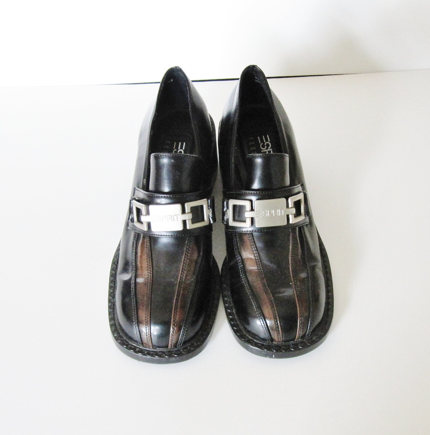 20 Dollar Sale Vintage 90s CHUNKY Heel Shoes - Esprit Black Brown - Women 7.5M