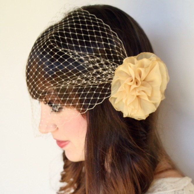 Gold Flower Hair Clip with Birdcage Veil