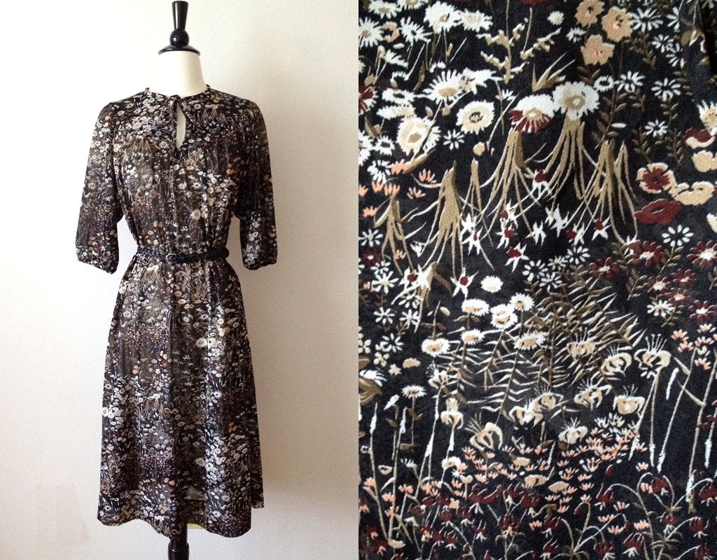 1970s sheer black wildflower floral print keyhole tie tent dress m l xl