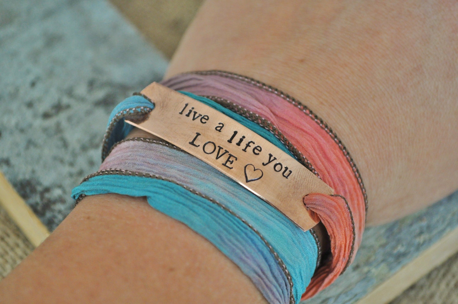 MIXED BERRY - Hand Stamped 100% Silk Multicolored Wrap Bracelet - Add Names, Date or Phrase of your choice