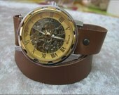 Skeleton Vintage Retro Steampunk camel Tan Leather Wrap Watch Mechanical Wind Watch with a lovely Silver Gold skeleton pattern FREE SHIP