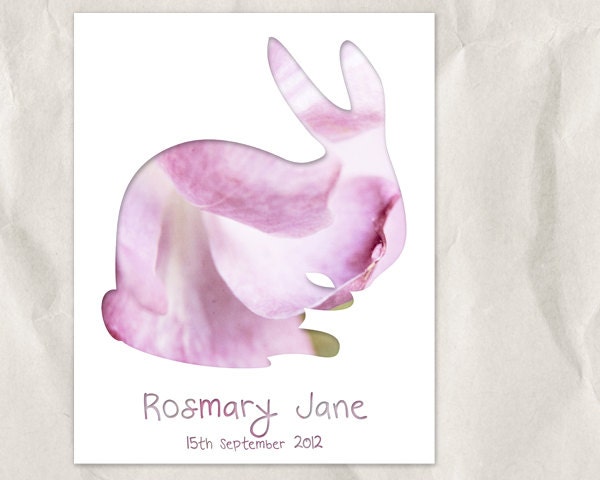 bunny personalized art print, 8x10 print, nursery decor, name art, name poster, animal silhouette, pastel, pink, rose