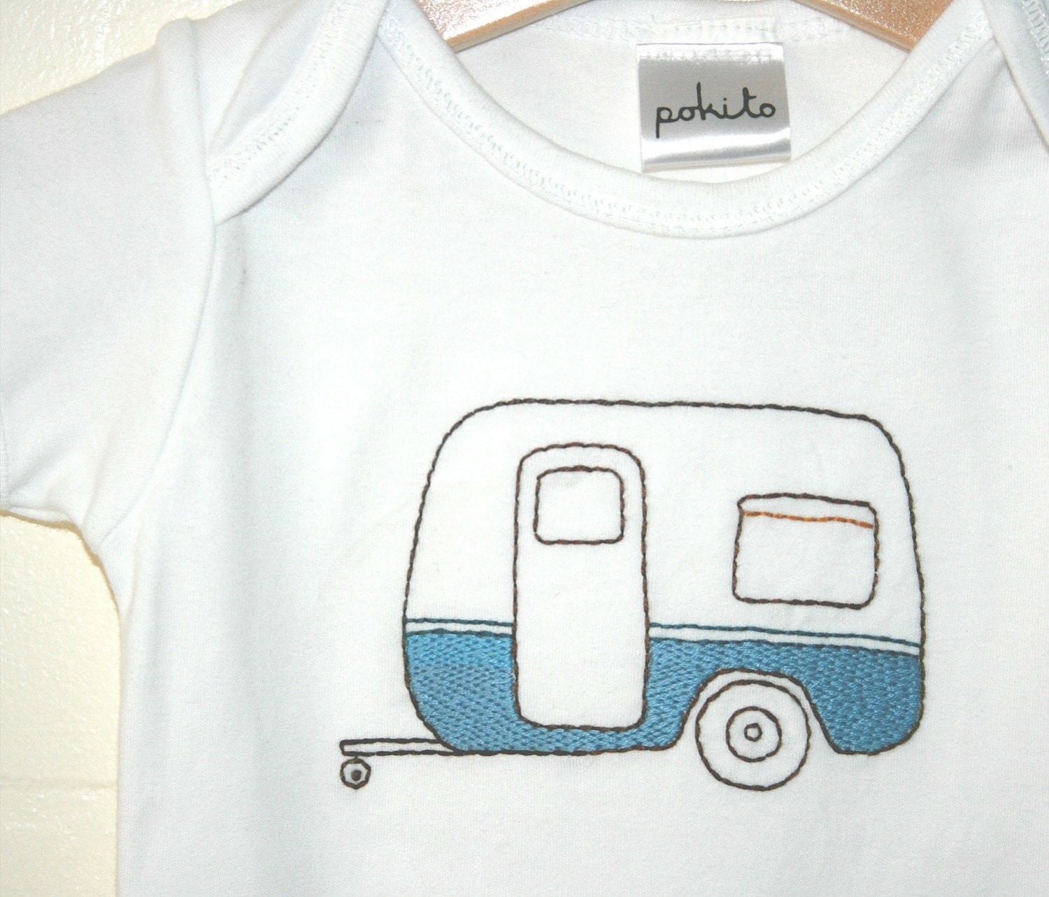 hand embroidered onsie. vintage caravan bodysuit