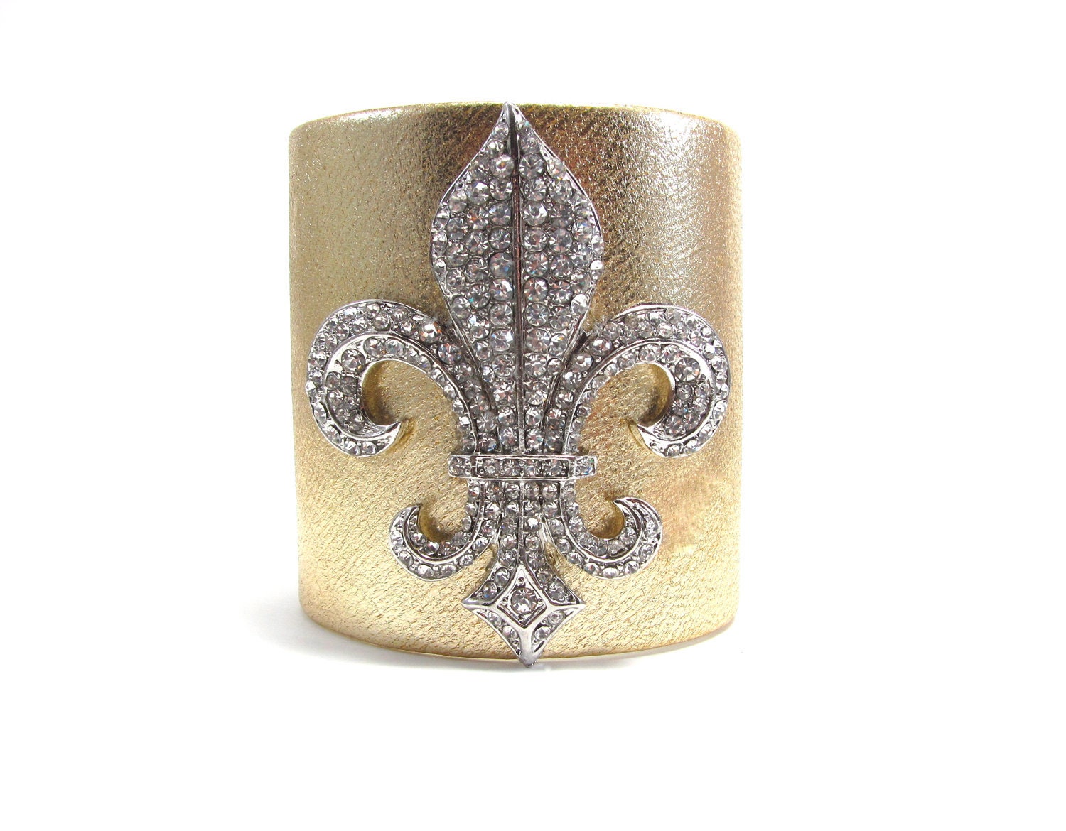 Crystal Fleur de Lis Statement Cuff Bracelet - Gold and Silver Leather - Designer Cuff Jewelry - French Fleur De Lys Accessory
